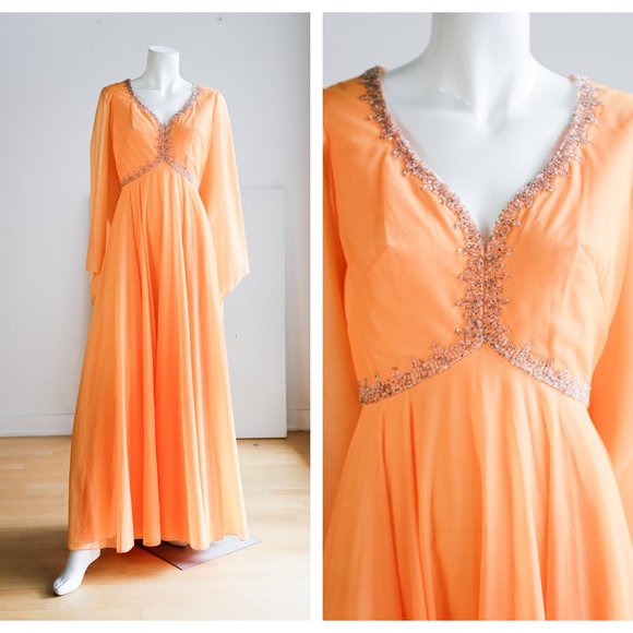 Vintage Empire Waist Beaded Wizard Sleeve Gown - Picture 1 of 10